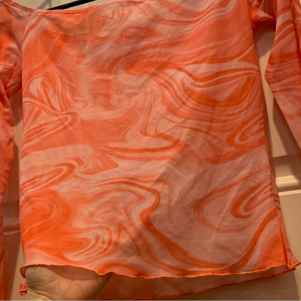 Superdown Revolve Emmie Off Shoulder Top Orange Pink Marble Swirl Semi-Sheer $58 - Picture 6 of 11